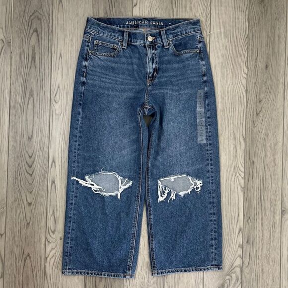 American Eagle Womens Size 4 Short Ripped 90s Wide Leg Crop Denim NEW Jeans Boho - Picture 1 of 10